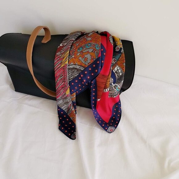 Silk Feeling Scarf Medium Square Satin Head 01 Dark Blue Edge - Picture 5 of 7